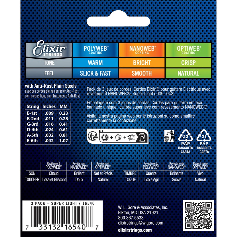 Elixir Strings Electric Guitar Strings with NANOWEB Coating, 3 Pack, Super Light .009-.042 (16540) - Image 2